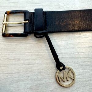 Michael Kors Black Leather Belt Tortoise Shell Gold Tone Branded Buckle